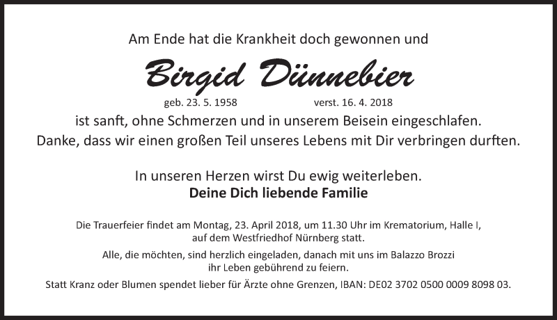  Traueranzeige für Birgid Dünnebier vom 20.04.2018 aus Gesamtausgabe Nürnberger Nachrichten/ Nürnberger Ztg.