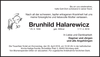 Traueranzeige von Brunhild Halarewicz von Gesamtausgabe Nürnberger Nachrichten/ Nürnberger Ztg.