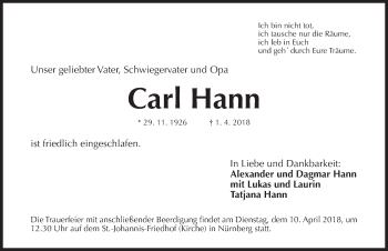 Traueranzeige von Carl Hann von Gesamtausgabe Nürnberger Nachrichten/ Nürnberger Ztg.
