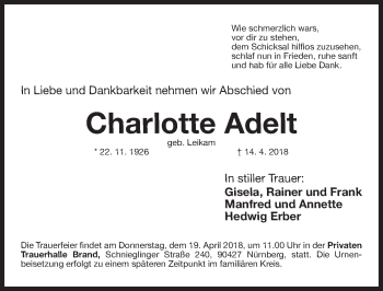 Traueranzeige von Charlotte Adelt von Gesamtausgabe Nürnberger Nachrichten/ Nürnberger Ztg.