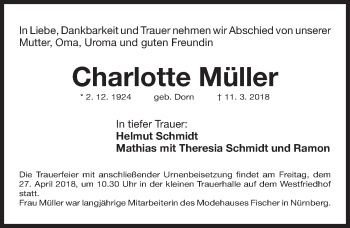 Traueranzeige von Charlotte Müller von Gesamtausgabe Nürnberger Nachrichten/ Nürnberger Ztg.