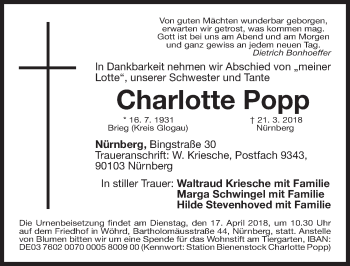 Traueranzeige von Charlotte Popp von Gesamtausgabe Nürnberger Nachrichten/ Nürnberger Ztg.