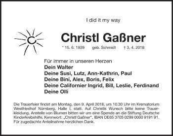 Traueranzeige von Christl Gaßner von Gesamtausgabe Nürnberger Nachrichten/ Nürnberger Ztg.