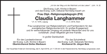 Traueranzeige von Claudia Langhammer von Gesamtausgabe Nürnberger Nachrichten/ Nürnberger Ztg.