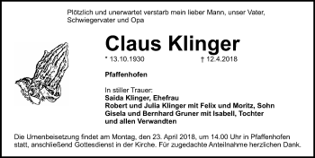 Traueranzeige von Claus Klinger von Roth-Hilpoltsteiner Volkszeitung Lokal