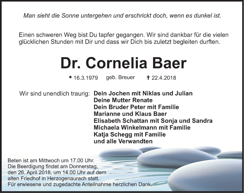  Traueranzeige für Cornelia Baer vom 24.04.2018 aus HHE,HNM