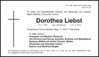 Traueranzeige von Dorothea Liebst von Gesamtausgabe Nürnberger Nachrichten/ Nürnberger Ztg.