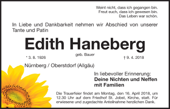 Traueranzeige von Edith Haneberg von Gesamtausgabe Nürnberger Nachrichten/ Nürnberger Ztg.