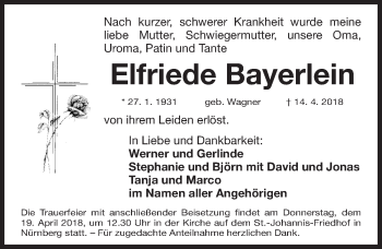 Traueranzeige von Elfriede Bayerlein von Gesamtausgabe Nürnberger Nachrichten/ Nürnberger Ztg.