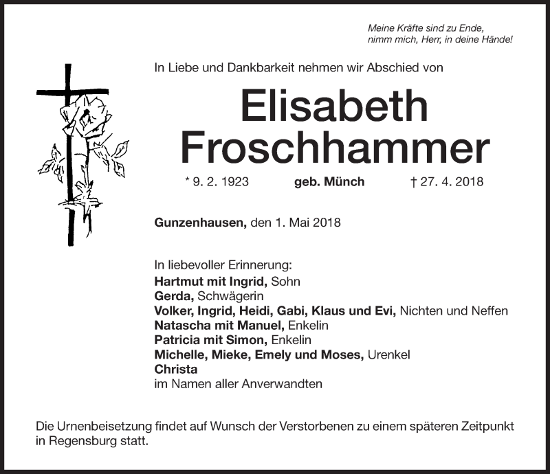  Traueranzeige für Elisabeth Froschhammer vom 01.05.2018 aus Altmühl-Bote Lokal