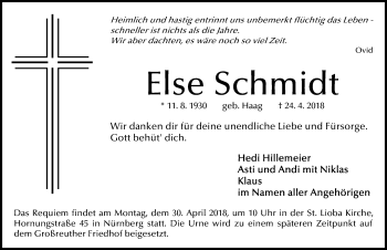 Traueranzeige von Else Schmidt von Gesamtausgabe Nürnberger Nachrichten/ Nürnberger Ztg.