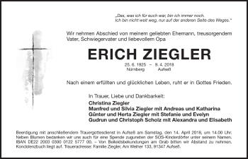 Traueranzeige von Erich Ziegler von Nordbayer. Nachrichten Forchheim/ Nordbayer. Nachrichten Pegnitz