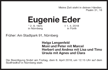 Traueranzeige von Eugenie Eder von Gesamtausgabe Nürnberger Nachrichten/ Nürnberger Ztg.