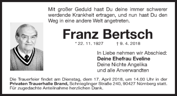Traueranzeige von Franz Bertsch von Gesamtausgabe Nürnberger Nachrichten/ Nürnberger Ztg.