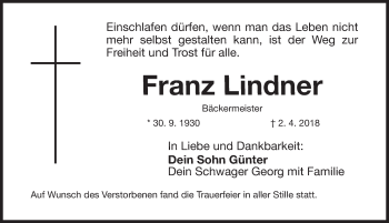 Traueranzeige von Franz Lindner von Gesamtausgabe Nürnberger Nachrichten/ Nürnberger Ztg.