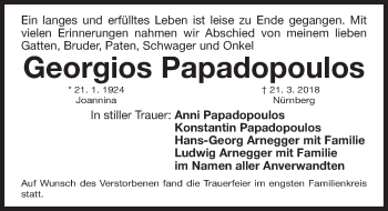 Traueranzeige von Georgios Papadopoulos von Gesamtausgabe Nürnberger Nachrichten/ Nürnberger Ztg.