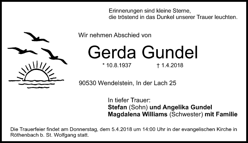  Traueranzeige für Gerda Gundel vom 04.04.2018 aus Schwabach