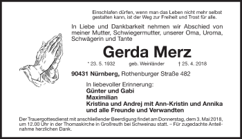 Traueranzeige von Gerda Merz von Gesamtausgabe Nürnberger Nachrichten/ Nürnberger Ztg.