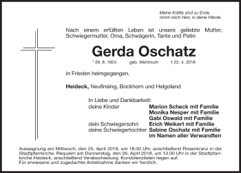 Traueranzeige von Gerda Oschatz von Roth-Hilpoltsteiner Volkszeitung Lokal