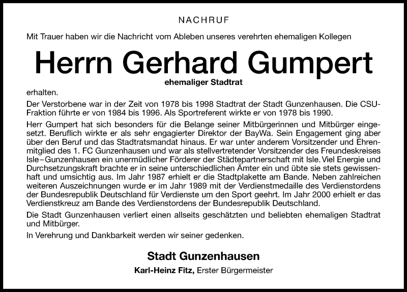  Traueranzeige für Gerhard Gumpert vom 28.04.2018 aus Altmühl-Bote Lokal