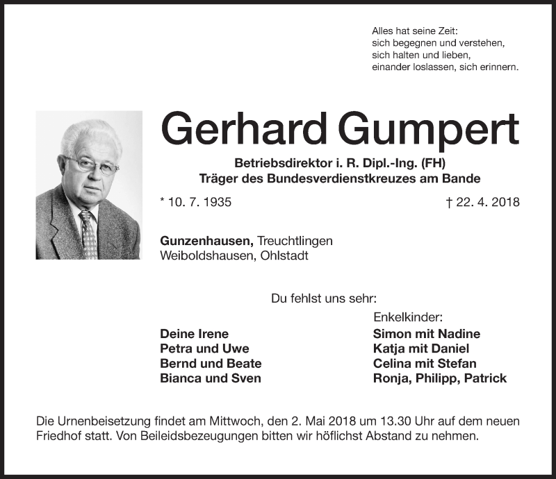  Traueranzeige für Gerhard Gumpert vom 28.04.2018 aus Altmühl-Bote Lokal
