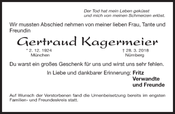 Traueranzeige von Gertraud Kagermeier von Gesamtausgabe Nürnberger Nachrichten/ Nürnberger Ztg.