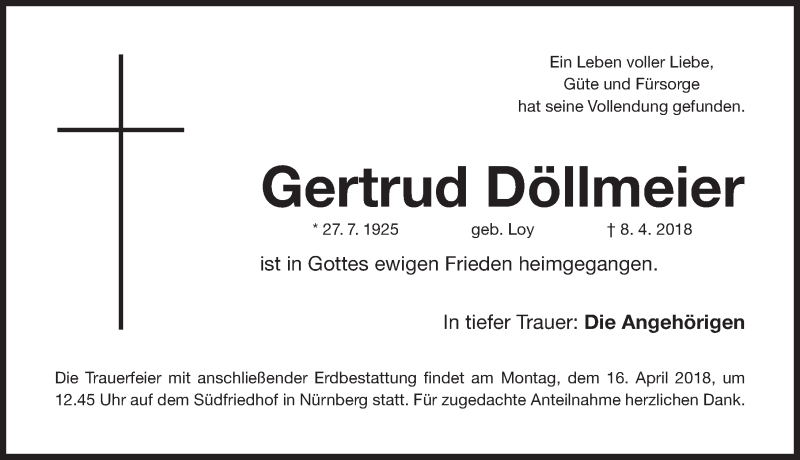  Traueranzeige für Gertrud Döllmeier vom 14.04.2018 aus Gesamtausgabe Nürnberger Nachrichten/ Nürnberger Ztg.