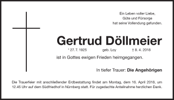 Traueranzeige von Gertrud Döllmeier von Gesamtausgabe Nürnberger Nachrichten/ Nürnberger Ztg.