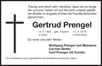Traueranzeige von Gertrud Prengel von Gesamtausgabe Nürnberger Nachrichten/ Nürnberger Ztg.