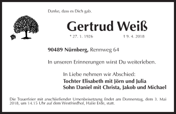 Traueranzeige von Gertrud Weiß von Gesamtausgabe Nürnberger Nachrichten/ Nürnberger Ztg.
