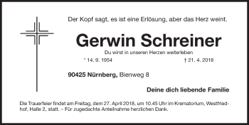 Traueranzeige von Gerwin Schreiner von Gesamtausgabe Nürnberger Nachrichten/ Nürnberger Ztg.