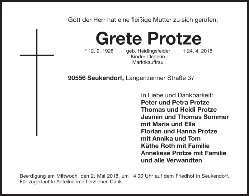  Traueranzeige für Grete Protze vom 28.04.2018 aus Fürther Nachrichten Lokal
