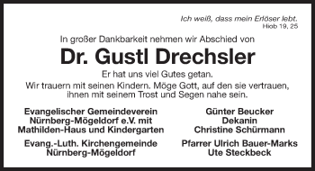 Traueranzeige von Gustl Drechsler von Gesamtausgabe Nürnberger Nachrichten/ Nürnberger Ztg.