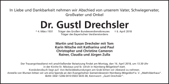 Traueranzeige von Gustl Drechsler von Gesamtausgabe Nürnberger Nachrichten/ Nürnberger Ztg.