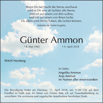 Traueranzeige von Günter Ammon von Gesamtausgabe Nürnberger Nachrichten/ Nürnberger Ztg./ Fürther Nachrichten