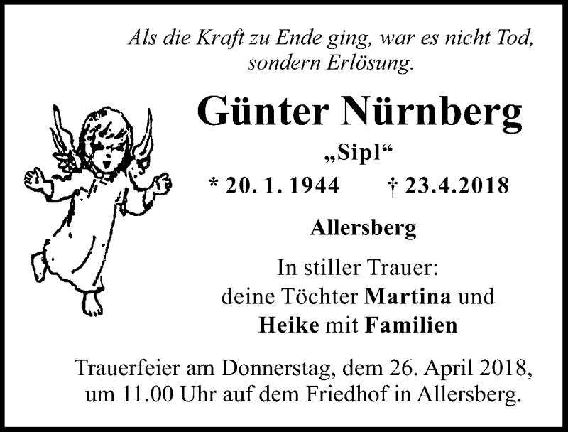  Traueranzeige für Günter Nürnberg vom 25.04.2018 aus Roth-Hilpoltsteiner Volkszeitung Lokal