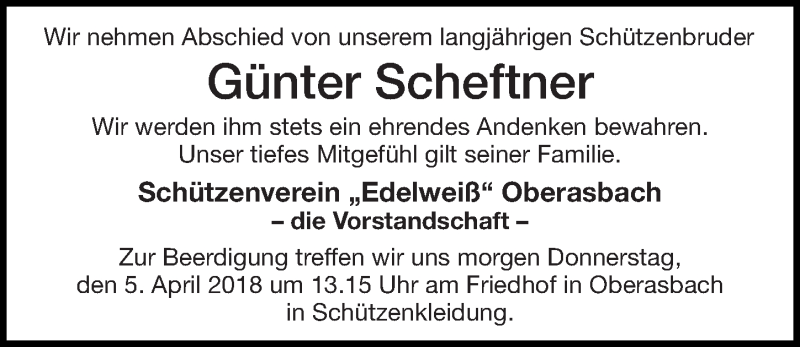  Traueranzeige für Günter Scheftner vom 04.04.2018 aus Altmühl-Bote Lokal