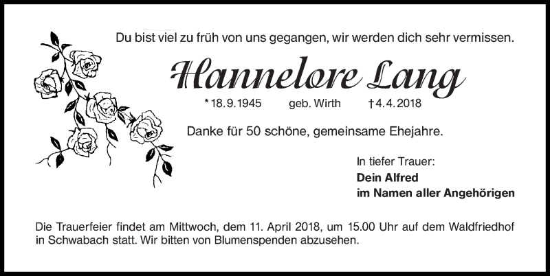  Traueranzeige für Hannelore Lang vom 07.04.2018 aus Fürther Nachrichten Lokal