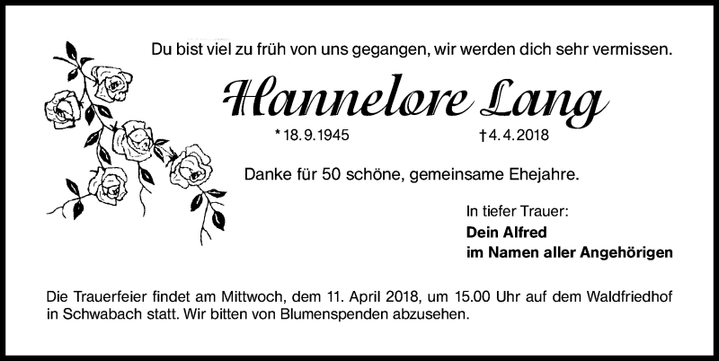  Traueranzeige für Hannelore Lang vom 07.04.2018 aus Schwabach