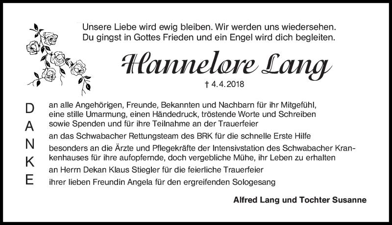  Traueranzeige für Hannelore Lang vom 21.04.2018 aus Fürther Nachrichten Lokal