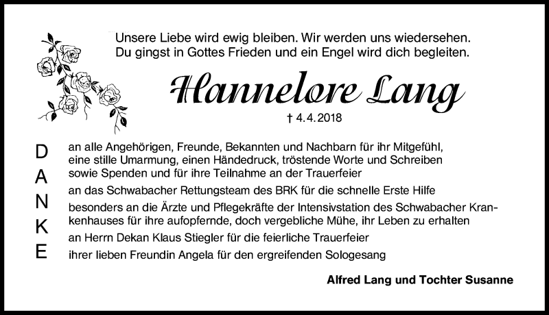  Traueranzeige für Hannelore Lang vom 21.04.2018 aus Schwabach