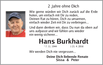 Traueranzeige von Hans Burkhardt von Gesamtausgabe Nürnberger Nachrichten/ Nürnberger Ztg.