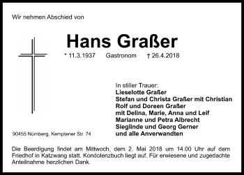 Traueranzeige von Hans Graßer von Gesamtausgabe Nürnberger Nachrichten/ Nürnberger Ztg.