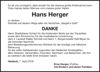 Traueranzeige von Hans Herger von Roth-Hilpoltsteiner Volkszeitung Lokal