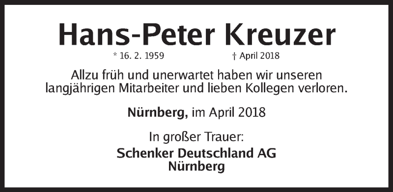 Traueranzeige für Hans-Peter Kreuzer vom 07.04.2018 aus Gesamtausgabe Nürnberger Nachrichten/ Nürnberger Ztg.