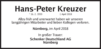 Traueranzeige von Hans-Peter Kreuzer von Gesamtausgabe Nürnberger Nachrichten/ Nürnberger Ztg.