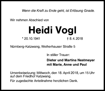 Traueranzeige von Heidi Vogl von Schwabach