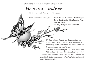 Traueranzeige von Heidrun Lindner von Gesamtausgabe Nürnberger Nachrichten/ Nürnberger Ztg.
