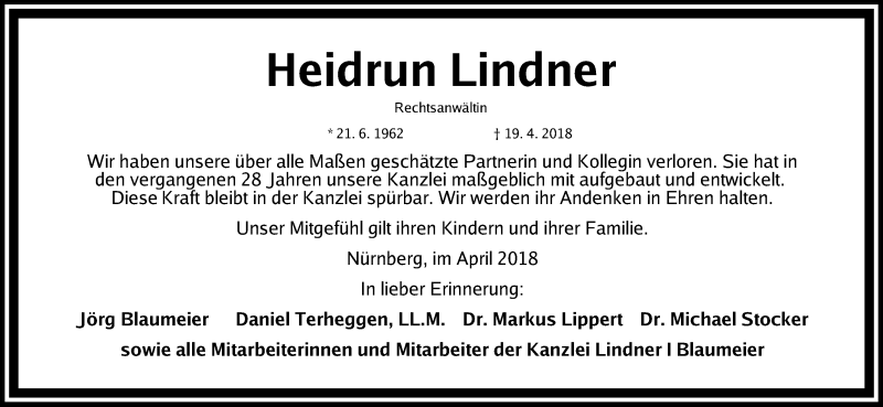  Traueranzeige für Heidrun Lindner vom 28.04.2018 aus Gesamtausgabe Nürnberger Nachrichten/ Nürnberger Ztg.