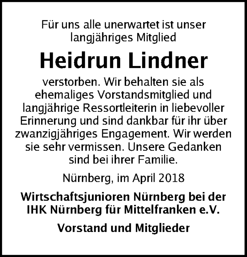  Traueranzeige für Heidrun Lindner vom 28.04.2018 aus Gesamtausgabe Nürnberger Nachrichten/ Nürnberger Ztg.